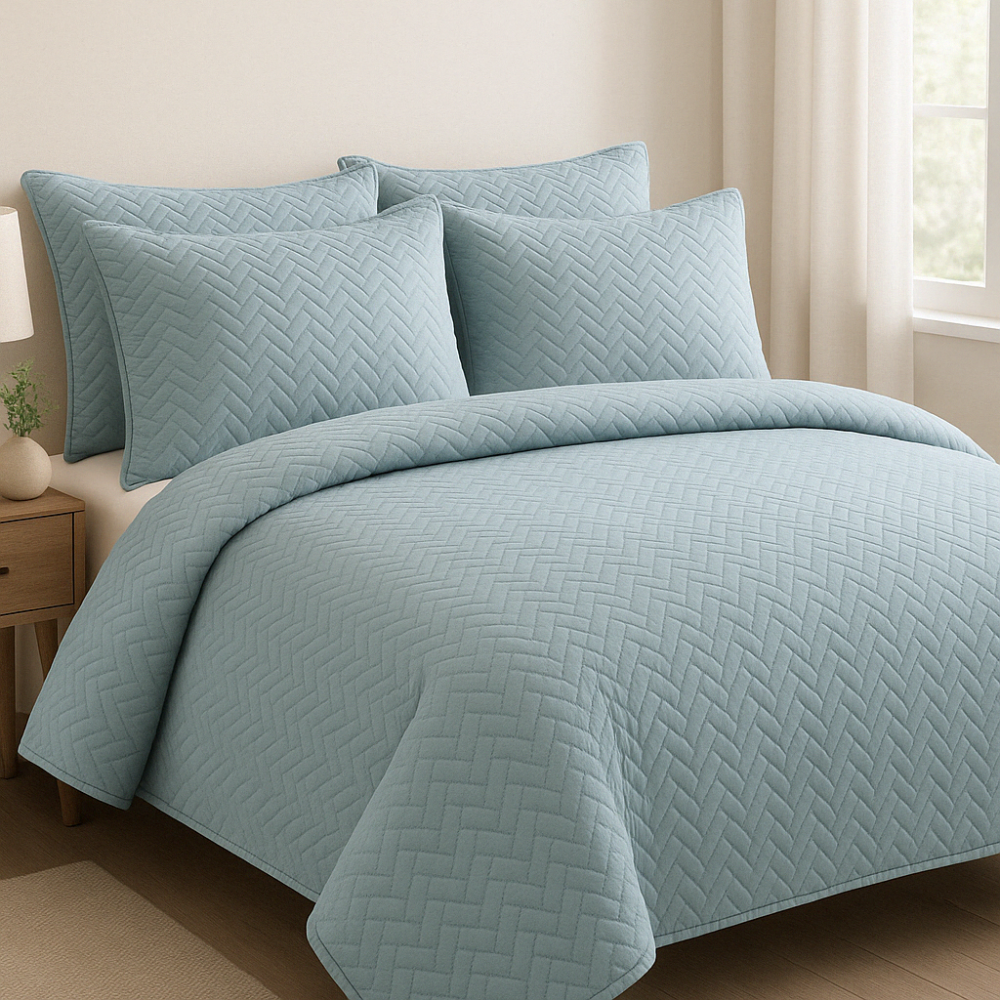Lasell Bedcover Set- Mist Herringbone