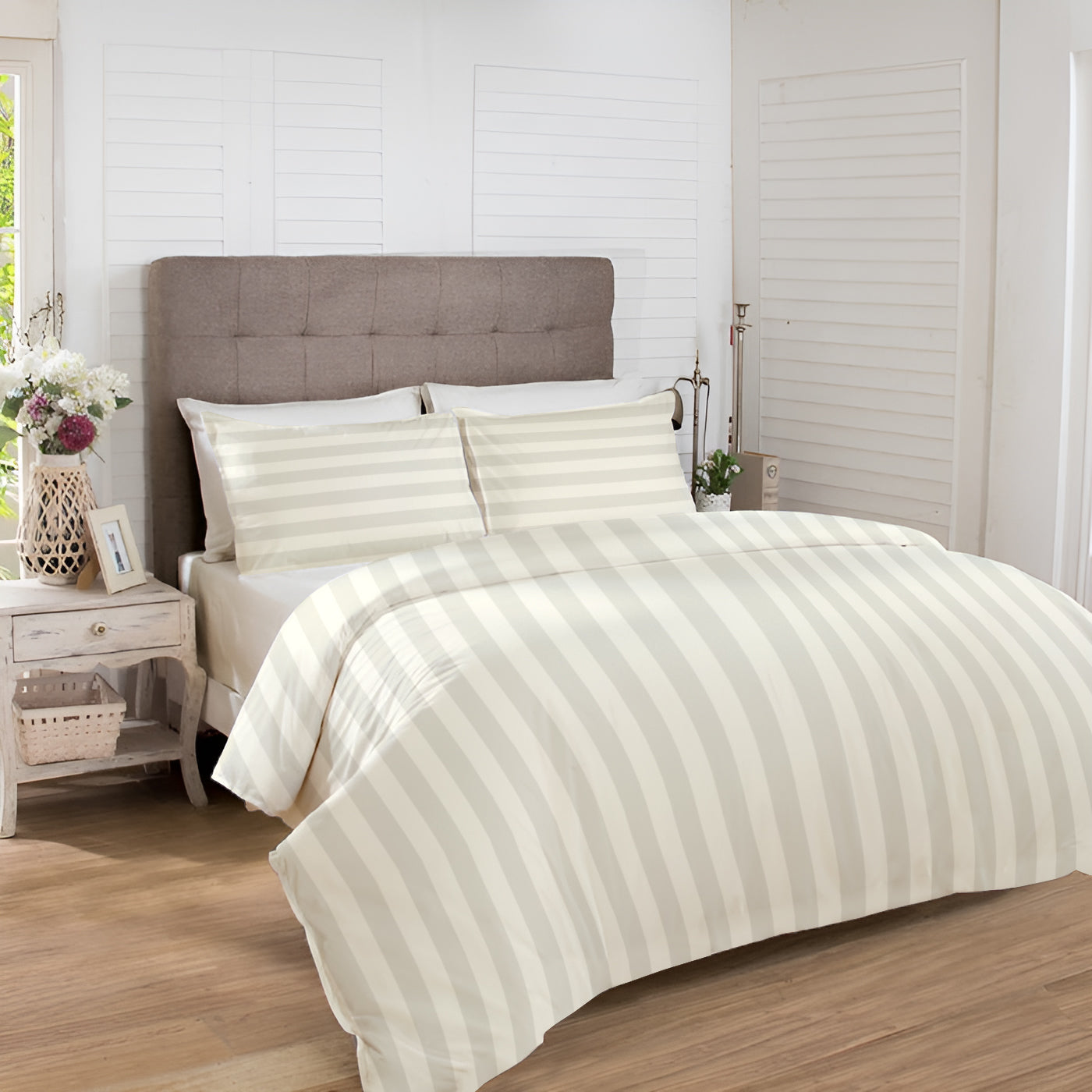 Manhattan Bedsheet Set-Satin Stripe- Eggshell