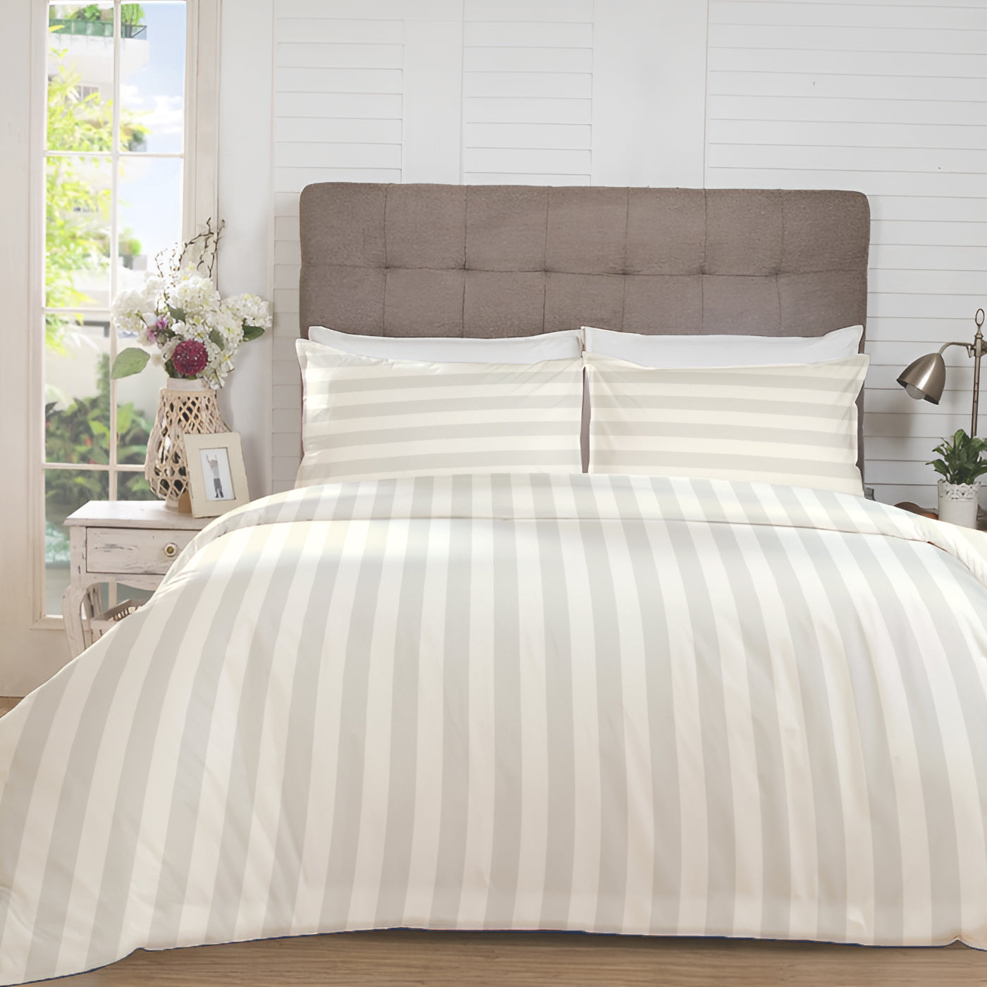 Manhattan Bedsheet Set-Satin Stripe- Eggshell