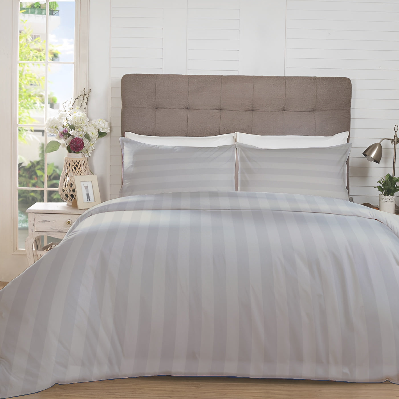 Manhattan Bedsheet Set-Satin Stripe-Silver Grey