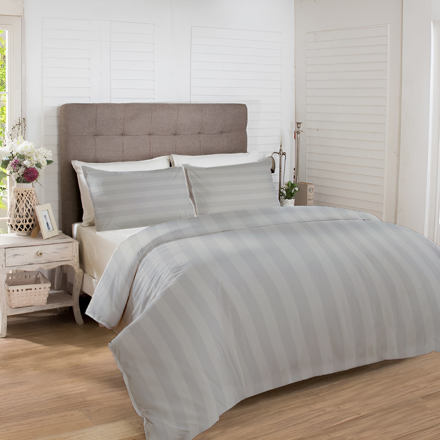 Manhattan Bedsheet Set-Satin Stripe-Silver Grey